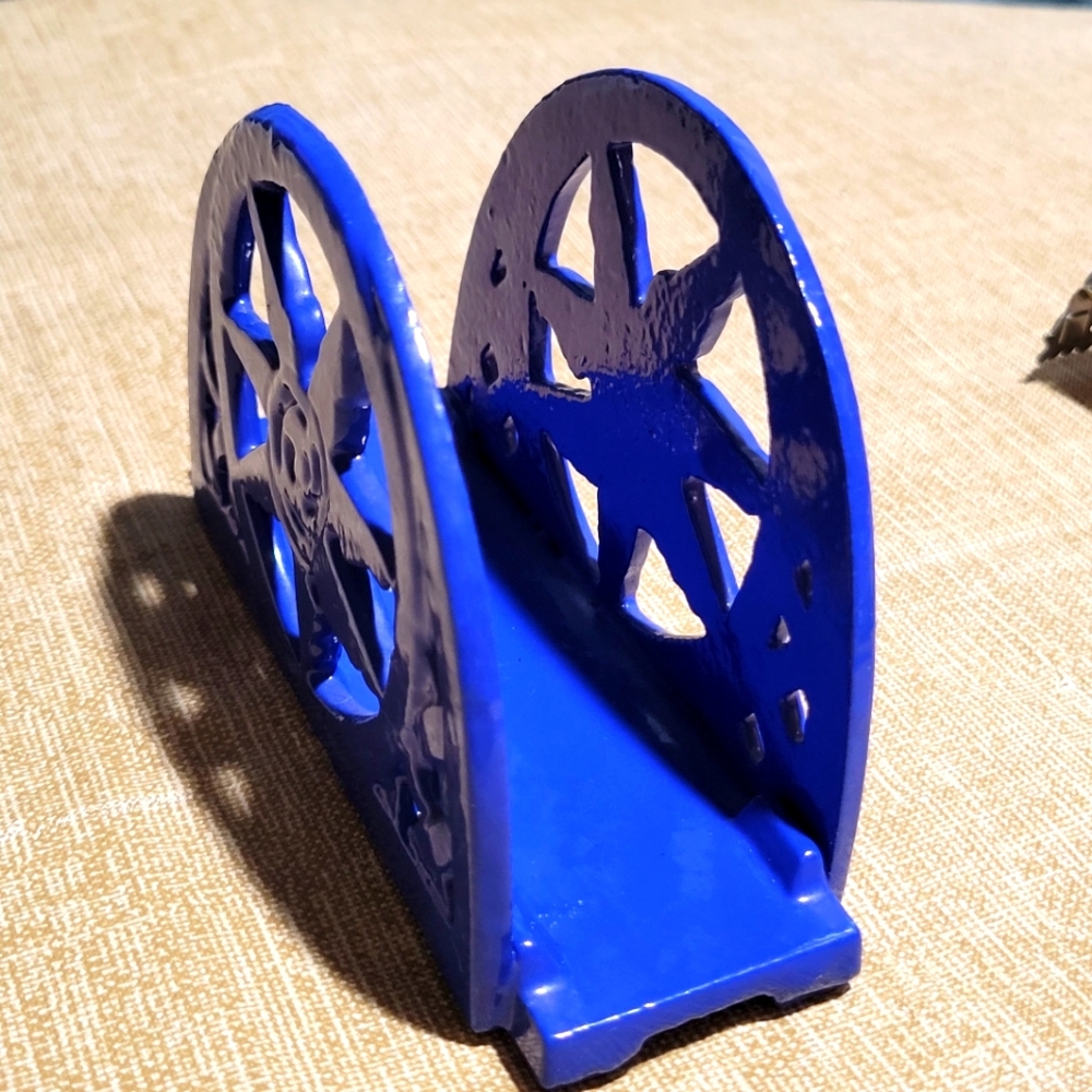 Cobalt Blue Enamel Cast Iron Enamelware Napkin Holder Aztec Sun Celestial Design